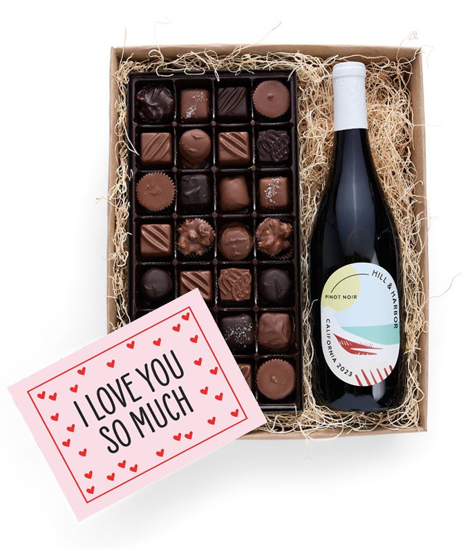 Hill and Harbor California Pinot Noir delivered in an I Love You So Much gift basket with 28 chocolate truffles