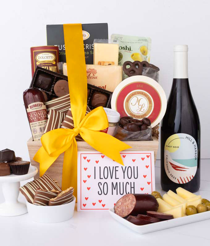 I Love You! Gourmet Charcuterie &amp; Sweets Gift Basket with Red Wine