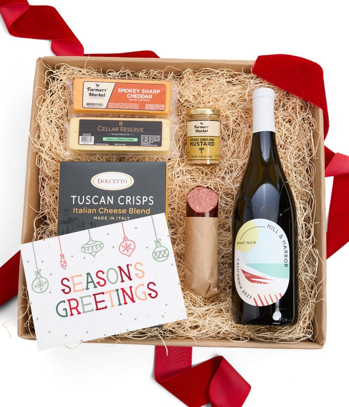 Season&#39;s Greetings Meat &amp; Cheese Gift Box with California Red Wine