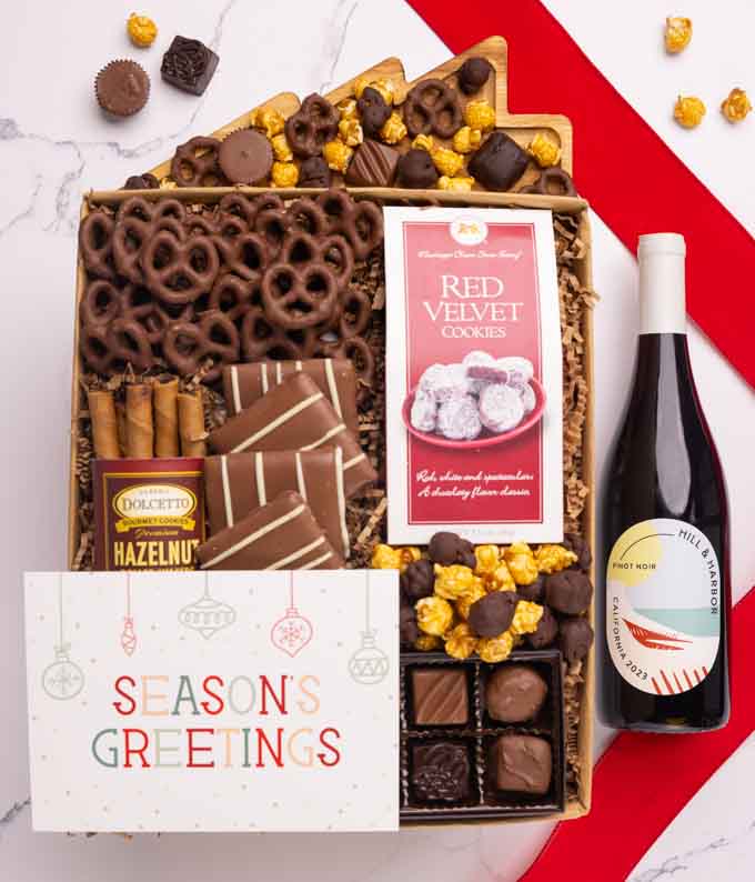 Season's Greetings Chocolate & Sweets Gift Box with Red Wine