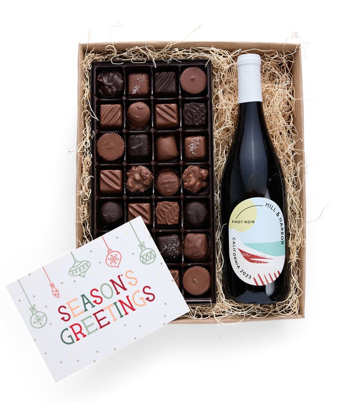 Season&#39;s Greetings Gourmet Chocolates with California Red Wine