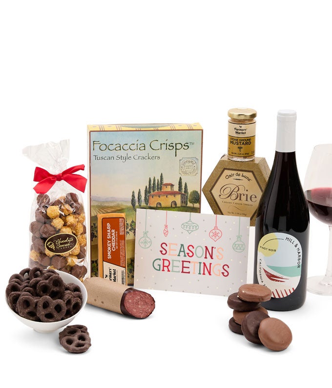 Season&#39;s Greetings Sweet &amp; Savory Gourmet Gift Box with California Red Wine