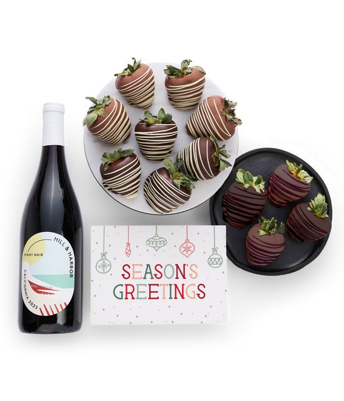Season's Greetings Gourmet Chocolate Dipped Strawberries & Red Wine