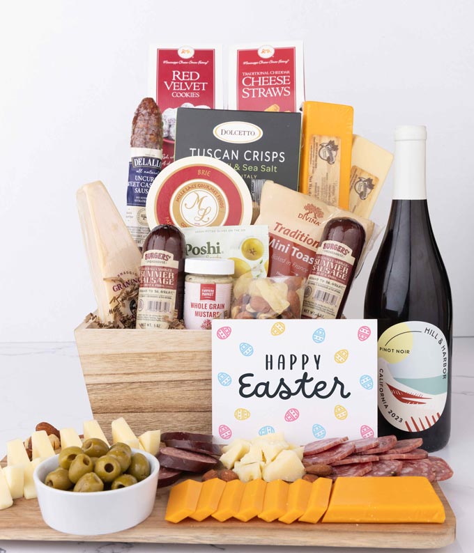 Premium Charcuterie & Cheese Easter Gift Basket with Red Wine