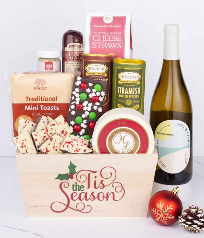 Holiday Snack & Treats Basket with White Wine