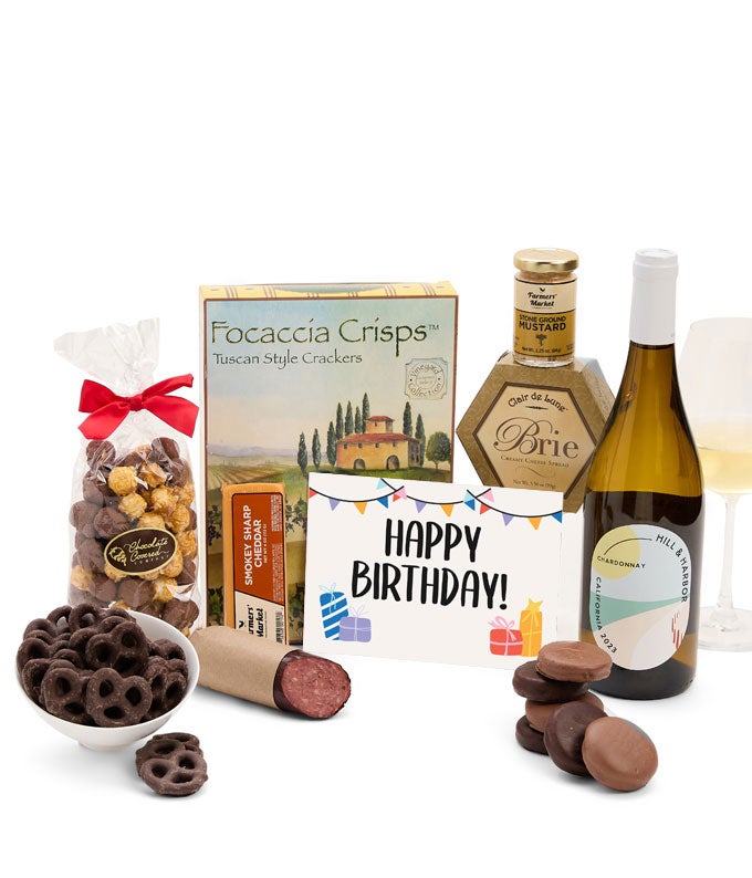 Happy Birthday! Gourmet Gift Box with White Wine