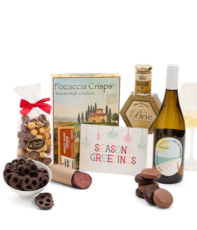 Season&#39;s Greetings Sweet &amp; Savory Gourmet Gift Box with California White Wine