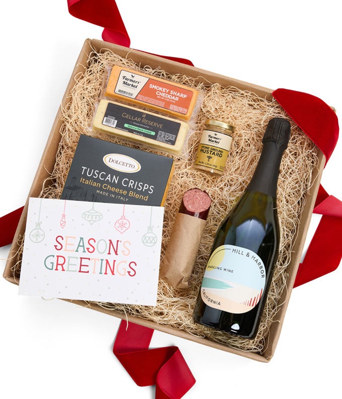 Season&#39;s Greetings Meat &amp; Cheese Gift Box with California Sparkling Wine