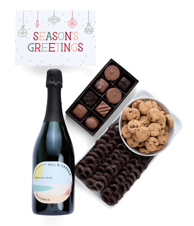 Season&#39;s Greetings Sweet Treats Chocolate Gift Box with California Sparkling Wine