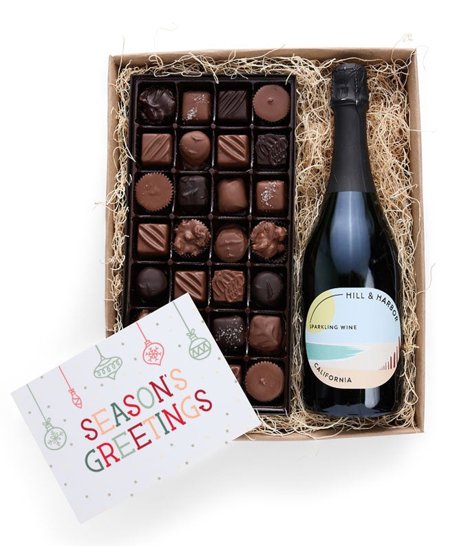 Season&#39;s Greetings Gourmet Chocolates with California Sparkling Wine