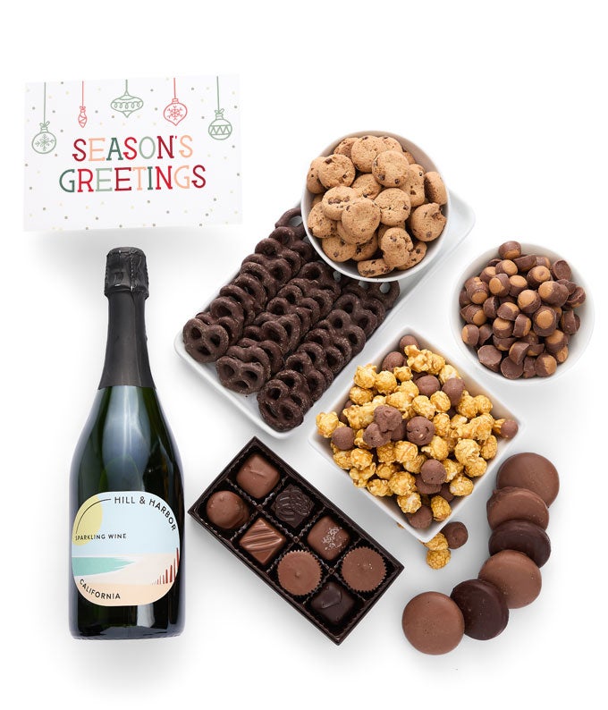 Season&#39;s Greetings Gourmet Chocolate &amp; Wine Indulgence Gift Box - California Sparkling Wine