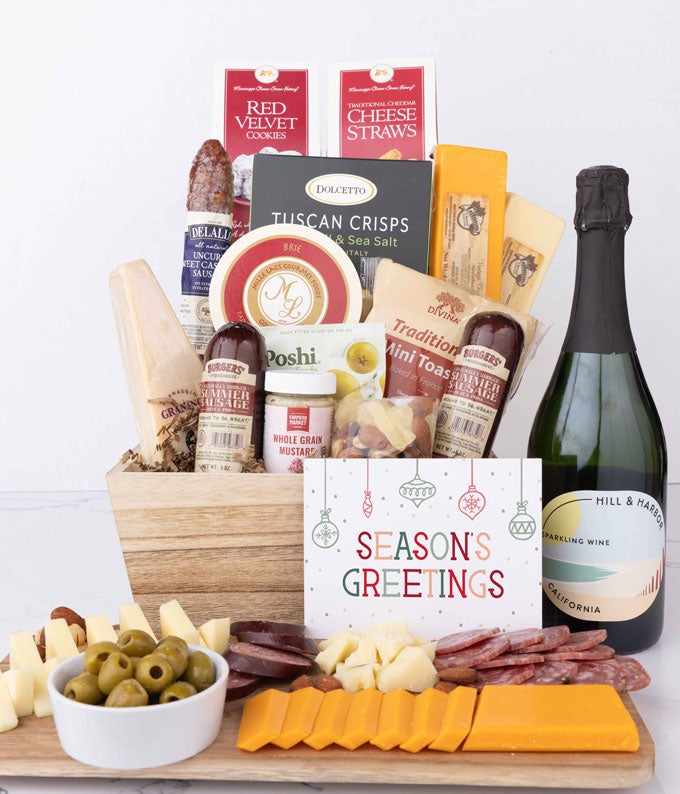 Season's Greetings Premium Charcuterie & Sparkling Wine Gift Basket