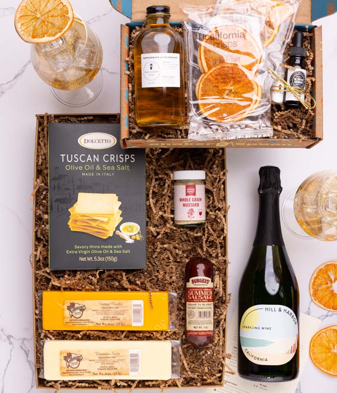 Cheese &amp; Meat Box with Garden Party Spritz Cocktail Kit and Sparkling Wine