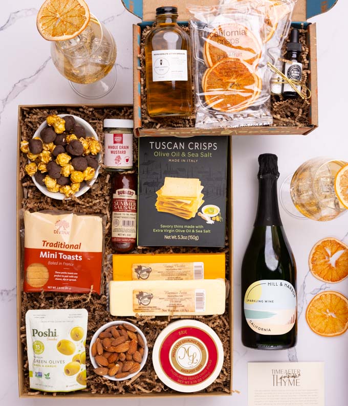 Deluxe Cheese &amp; Charcuterie Box with Garden Party Spritz Cocktail Kit and Sparkling Wine