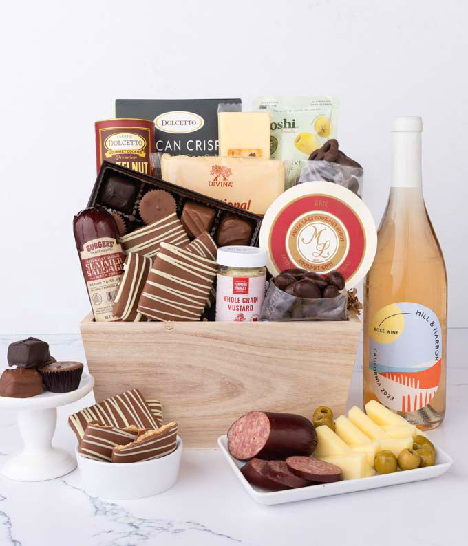 Gourmet Charcuterie &amp; Sweets Gift Basket with Rosé Wine