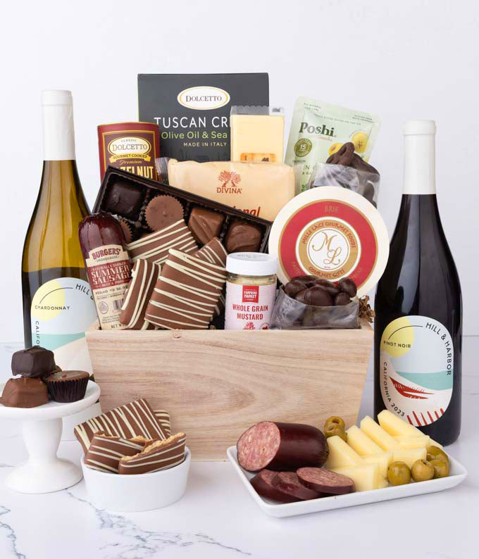 Gourmet Charcuterie &amp; Sweets Gift Basket with Red &amp; White Wine