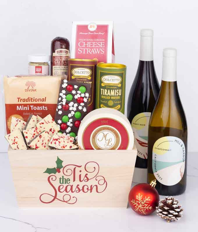 Holiday Snack & Treats Basket with Red & White Wine