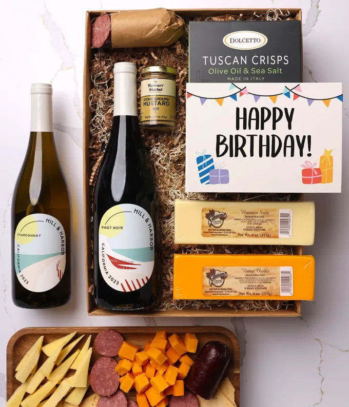 Happy Birthday! Cheese & Meat Box with Red & White Wine