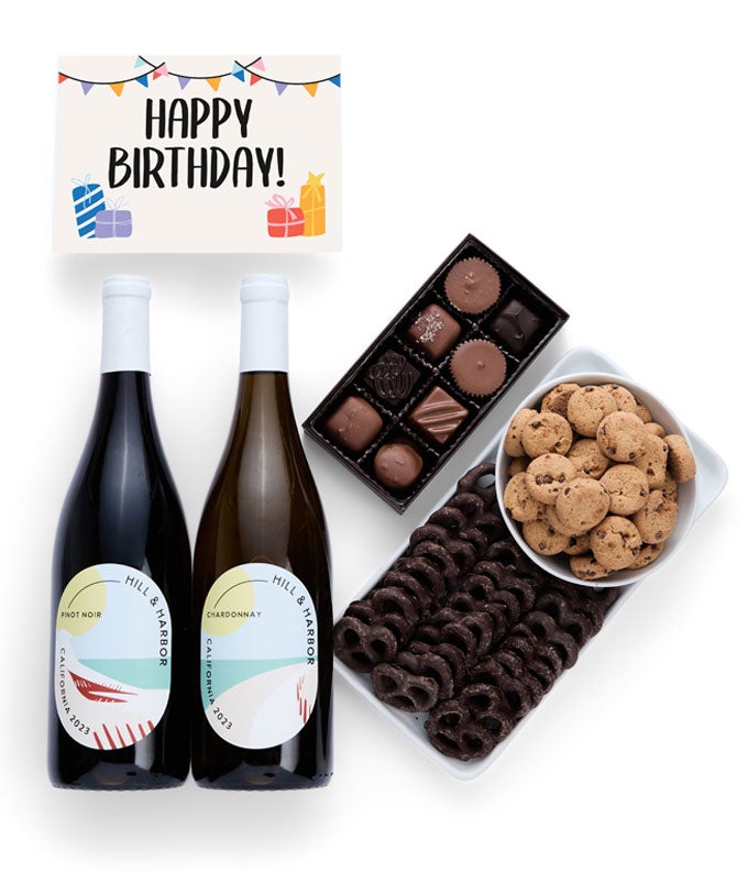 Happy Birthday! Chocolate Gift Box with Red &amp; White Wine