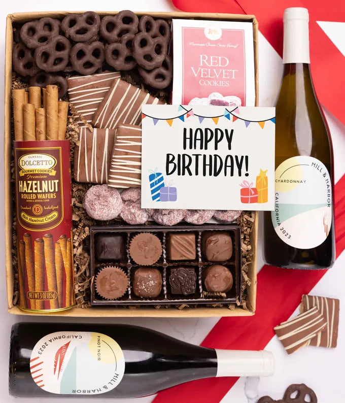 Happy Birthday! Chocolate Gift Box with Red & White Wine