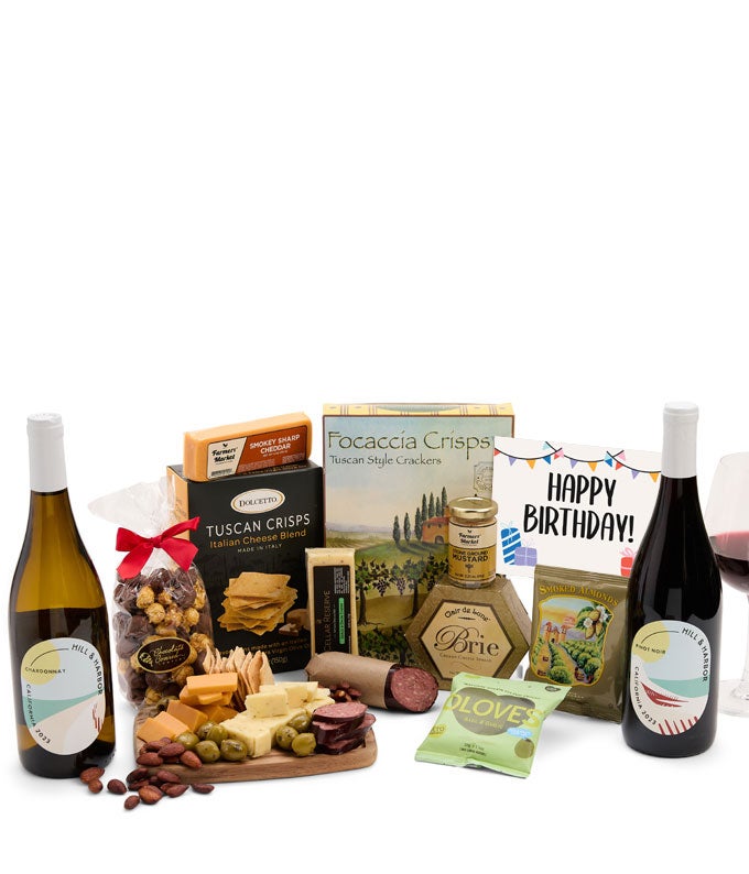 Happy Birthday! Deluxe Charcuterie Gift Box with Red &amp; White Wine