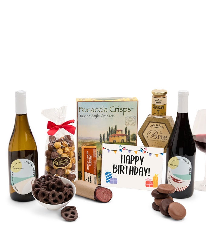 Happy Birthday! Gourmet Gift Box with Red &amp; White Wine