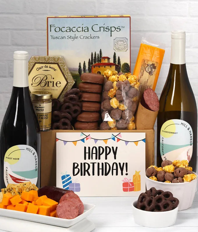 Happy Birthday! Gourmet Gift Box with Red & White Wine