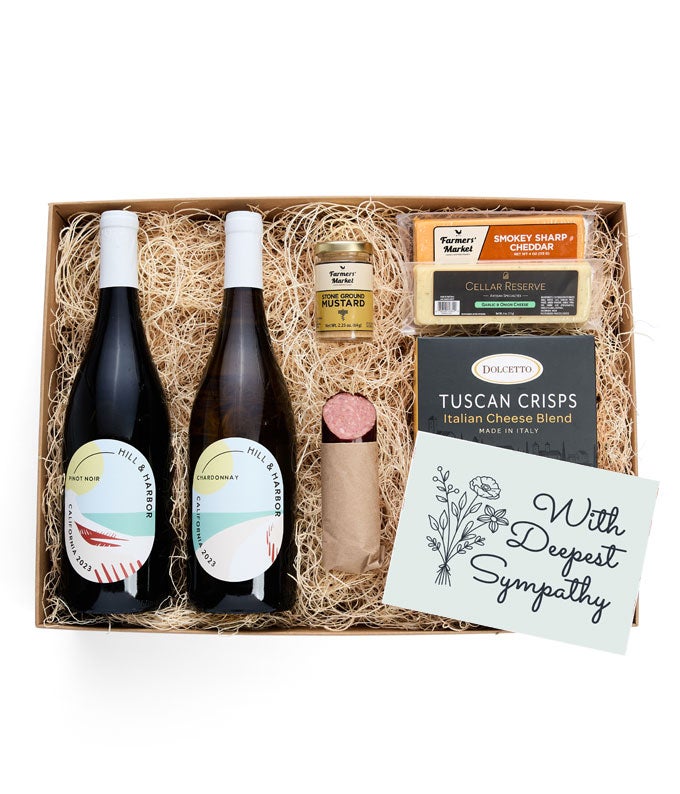 Deepest Sympathy Cheese &amp; Meet Gift Box with Red &amp; White Wine