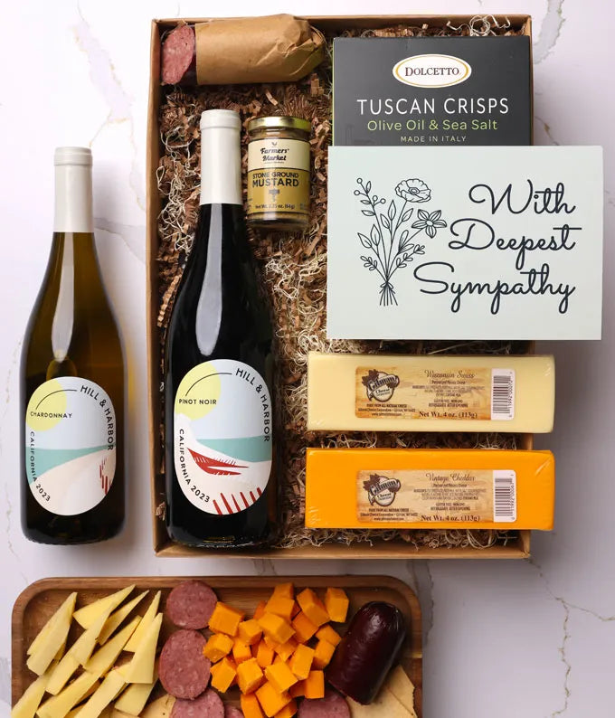 Deepest Sympathy Cheese & Meet Gift Box with Red & White Wine