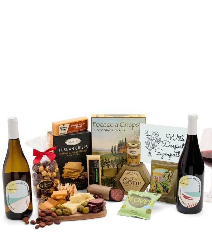 Deepest Sympathy Deluxe Charcuterie Gift Box with Red &amp; White Wine