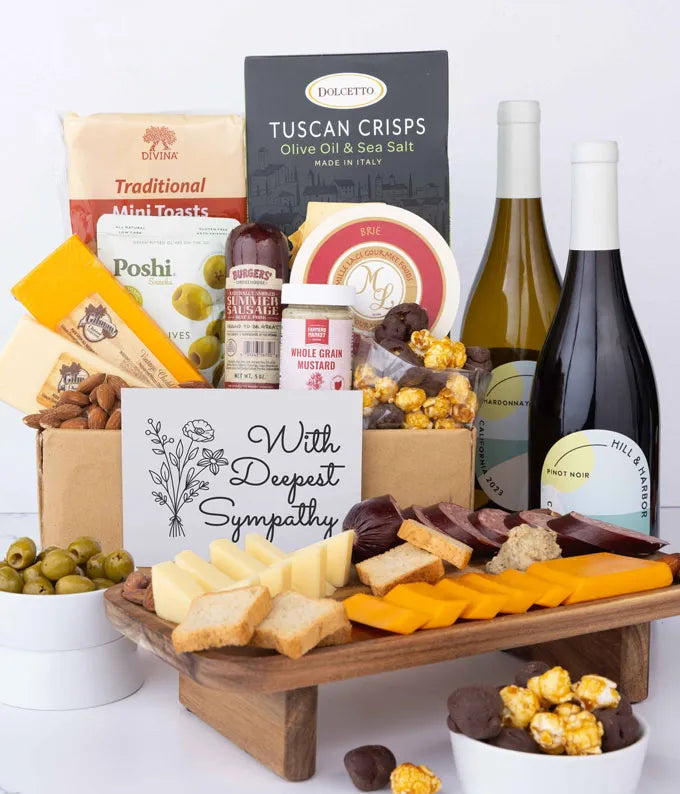Deepest Sympathy Deluxe Charcuterie Gift Box with Red & White Wine