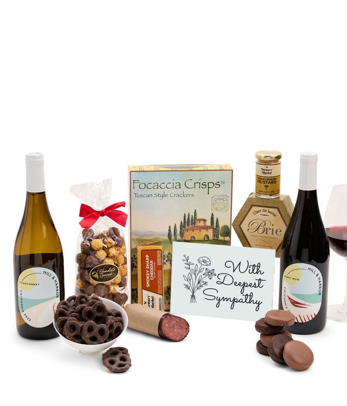 Deepest Sympathy Gourmet Gift Box with Red &amp; White Wine