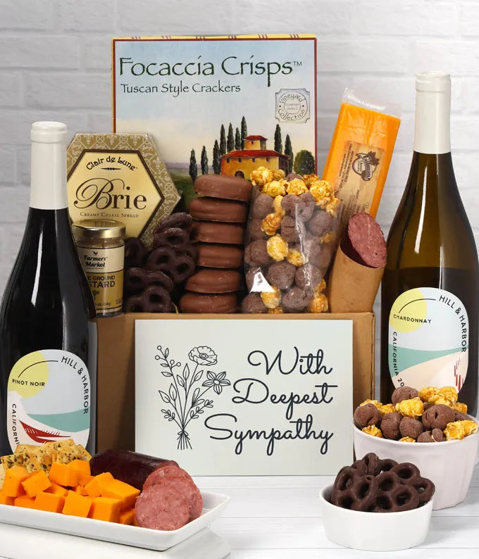 Deepest Sympathy Gourmet Gift Box with Red & White Wine