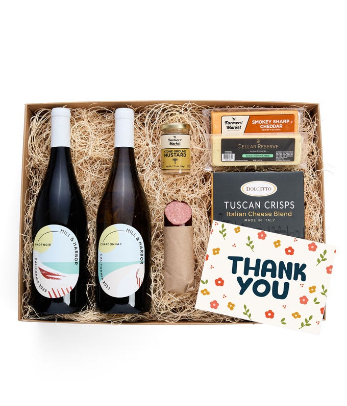 Thank You Cheese &amp; Meat Gift Box with Red &amp; White Wine