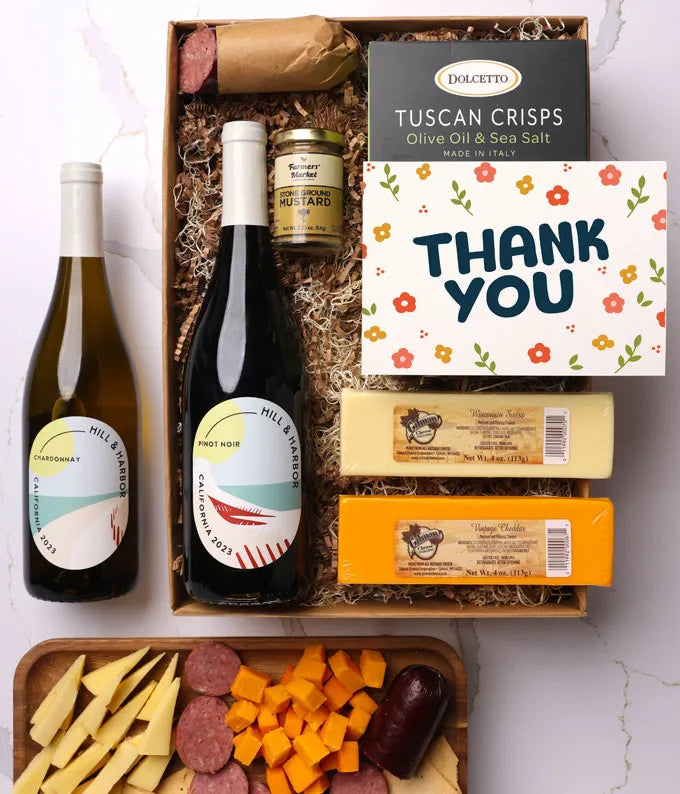 Thank You Cheese & Meat Gift Box with Red & White Wine