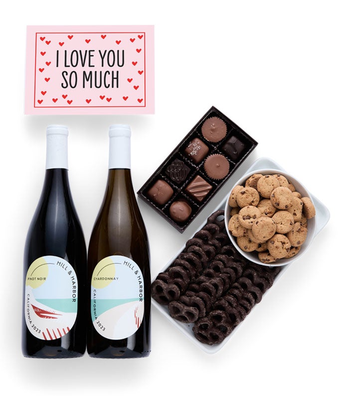 I Love You! Sweet Treats Chocolate Gift Box with California Red &amp; White Wine