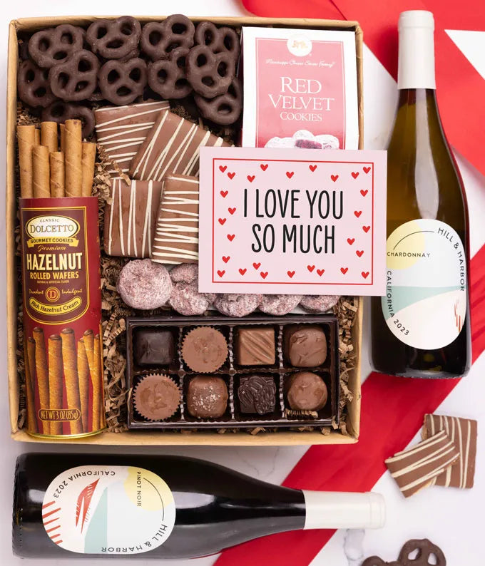 I Love You! Sweet Treats Chocolate Gift Box with California Red & White Wine
