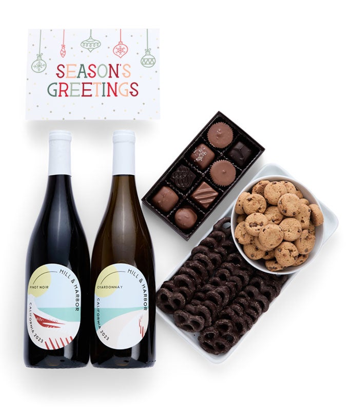 Season&#39;s Greetings Sweet Treats Chocolate Gift Box with California Red &amp; White Wine