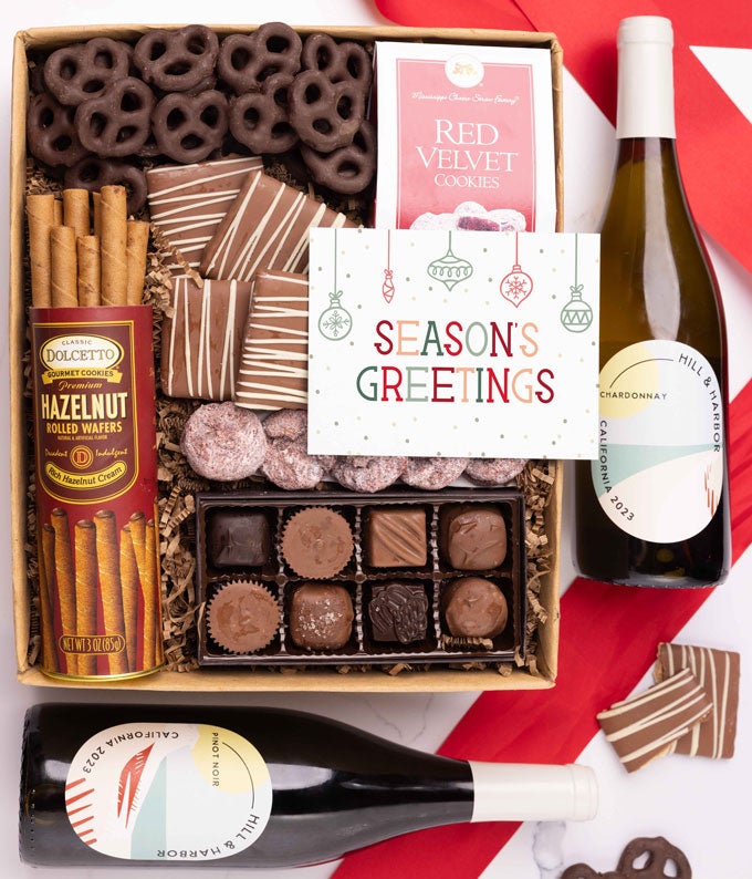 Season's Greetings Chocolate & Sweets Gift Box with Red & White Wine