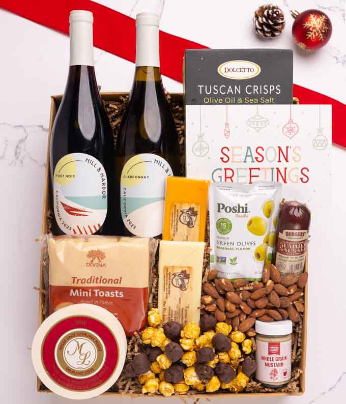 Season's Greetings Deluxe Charcuterie & Cheese Gift Box with Red & White Wine