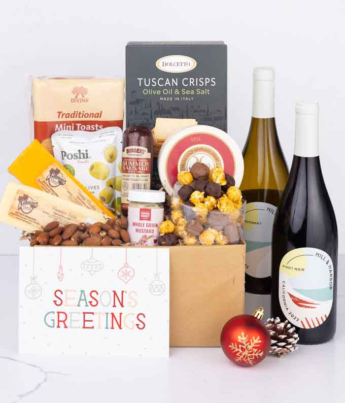 Season's Greetings Deluxe Charcuterie & Cheese Gift Box with Red & White Wine
