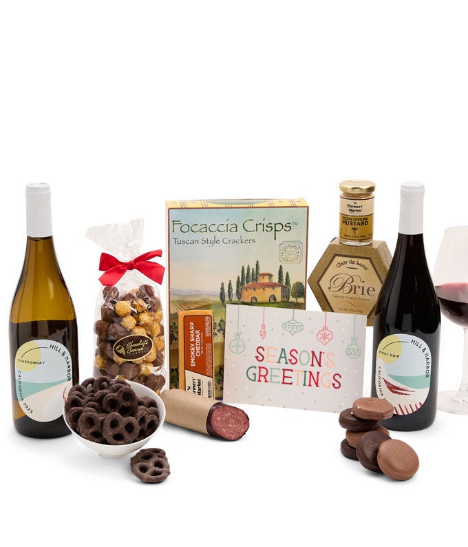 Season&#39;s Greetings Sweet &amp; Savory Gourmet Gift Box with California Red &amp; White Wine