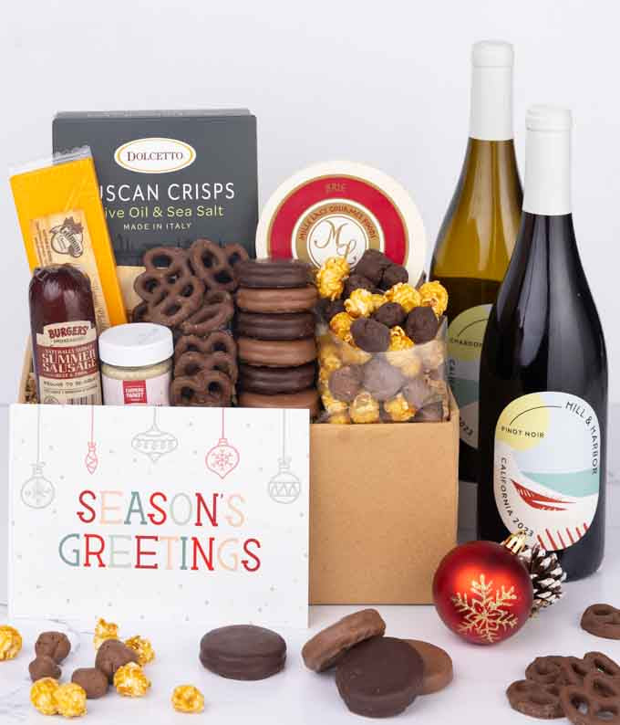 Season's Greetings Gourmet Gift Box with Red & White Wine