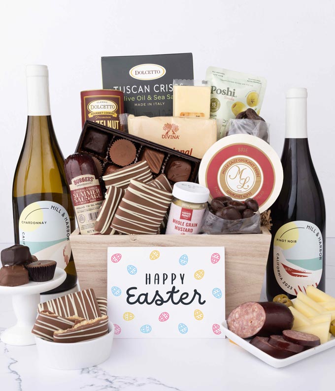 Charcuterie & Sweets Easter Gift Basket with Red & White Wine