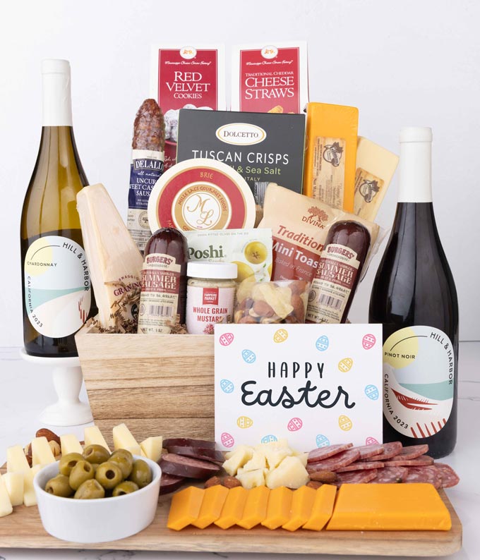 Premium Charcuterie & Cheese Easter Gift Basket with Red & White Wine