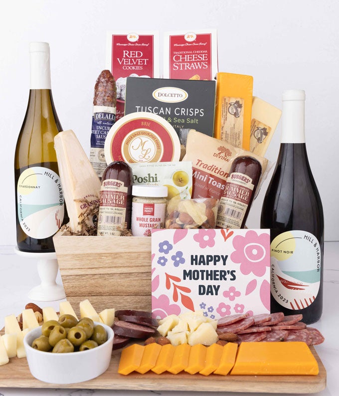 Premium Charcuterie & Cheese Mother's Day Gift Basket with Red & White Wine