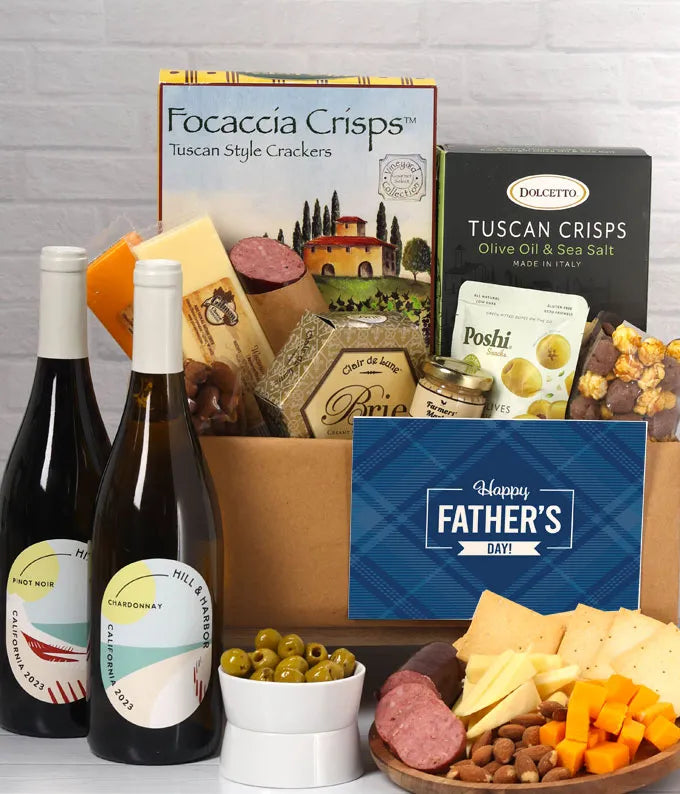 Deluxe Father&#39;s Day Cheese &amp; Charcuterie Box with Red &amp; White Wine