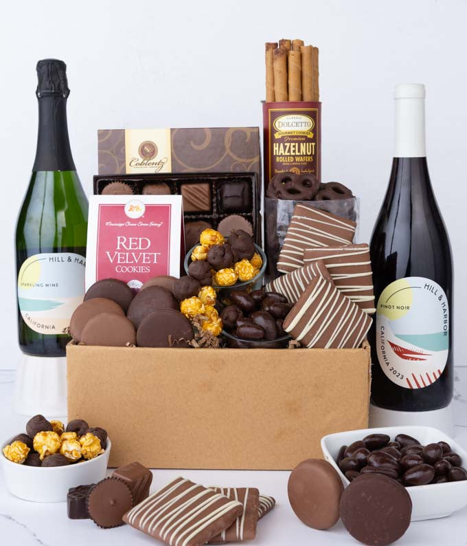 Gourmet Chocolate &amp; Wine Indulgence Gift Box - California Red &amp; Sparkling Wine