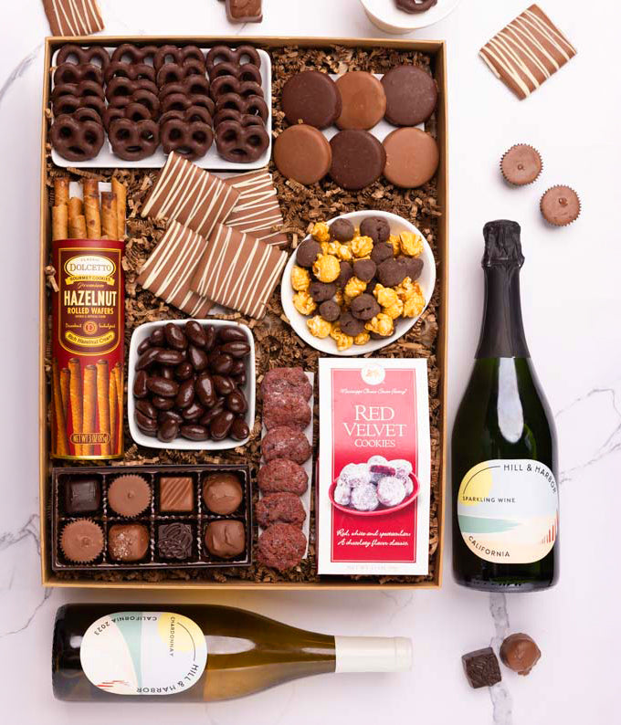 Gourmet Chocolate &amp; Wine Indulgence Gift Box - California Red &amp; Sparkling Wine