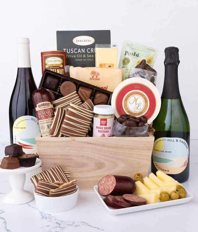 Gourmet Charcuterie &amp; Sweets Gift Basket with Red &amp; Sparkling Wine